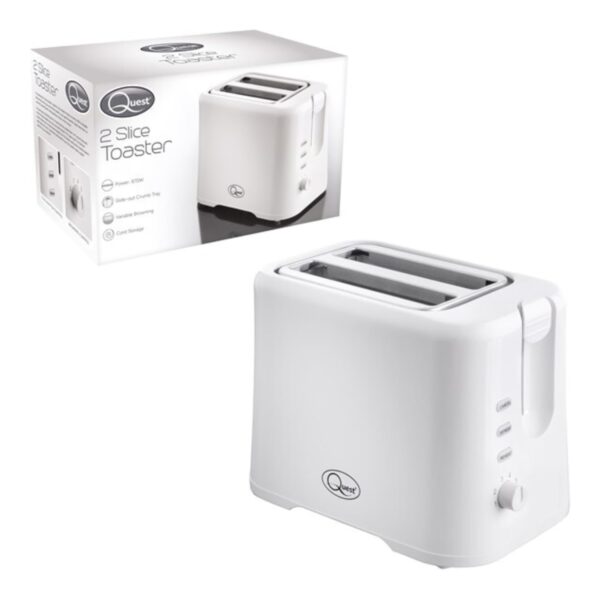 Quest 2 Slice Toaster/Variable Browning Control/Reheat and Defrost/Crumb Tray and Cord Storage/White / 870W