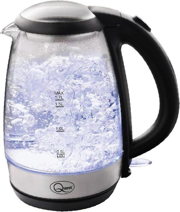 Quest 36890 Fast Boil Glass Kettle / 1.7 Litre Capacity – 7 Cups/Strix Controller/Spout Filter/Overheat Protection/Durable Glass with Water Level Indicators / 3000W
