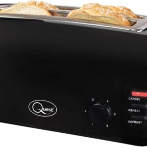 Quest 4 Slice Toaster Black - Extra Wide Long Slots for Crumpets and Bagels - 6 Settings - Reheat and Defrost