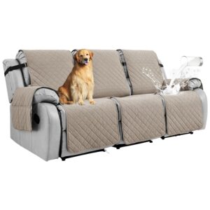 RAPRAP 3 Seat Recliner Sofa Cover, 100% Waterproof Three Seater Recliner Chair Covers with Pocket, Non-Slip Reclining Couch Protector Washable for Dogs, Pets, Kids,Khaki,3 Seats