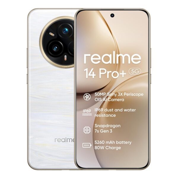 realme 14 Pro+ 5G Smartphone 12+256GB NFC Cellphone, 5280mAh Battery with 80W SuperCharge, SnapDragon 7s Gen 3 5G, 50MP AI Camera & 120Hz OLED Display, Color White