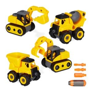 Relaxdays Children’s Construction Site Vehicles, Set of 4, Excavator, Loader & Truck, Sandbox Toys, Plastic, Yellow