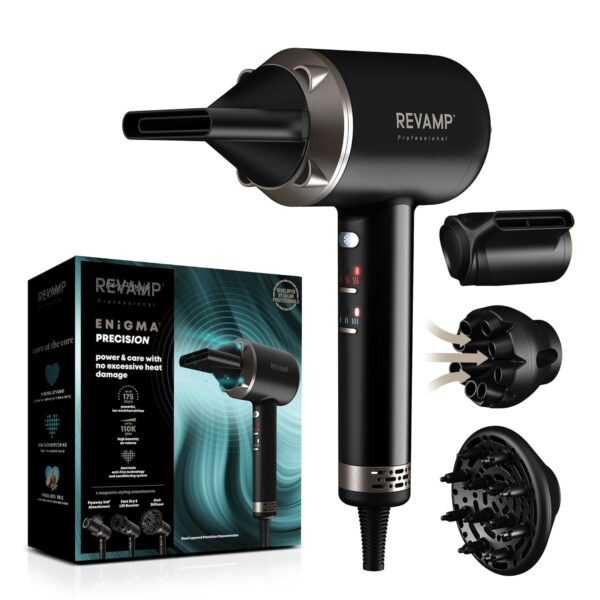 REVAMP Enigma Precision Ionic Hair Dryer, Brushless Motor for Quiet, Powerful, Fast Drying - Lightweight Blow Dryer, Low Noise, Cold Setting - 4 Magnetic Attachments for Salon...
