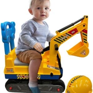 Ride on Excavator Digger - Pretend Construction Play with Manual Shovel | Foot-To-Floor Ride-On Toy Scooter for Kids | Xmas Present with Back Support