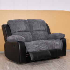 Rio Recliner Black/Grey Jumbo Cord Fabric 3+2+1 Seater Sofa Set - For Living Room Furniture - Manual Recliner Sofa with Dropdown Table & Cupholders (2 Seater)
