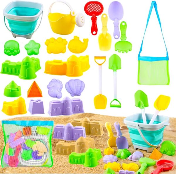 Rppiup 21pcs Sand Toys, Foldable Bucket and Spade Beach Set Kids, Sand Pit Toys with Shovels Kettle Rake Sifter and Animal Soft Molds, Beach Toys for Toddlers Age 1-5, For...
