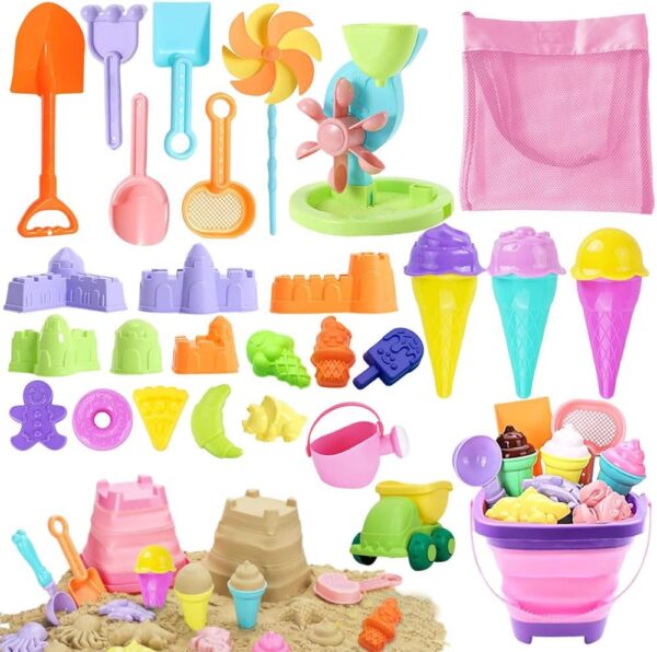 Rppiup 28PCS Sand Toys, Dessert Foldable Bucket and Spade Beach Set Kids, Sand Pit Toys with Kettle Truck Sand Wheel Windmill and Sweets Soft Molds, Beach Toys for Toddlers Age...
