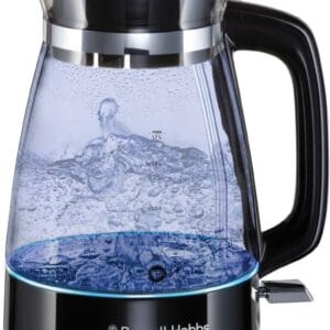 Russell Hobbs Carafe Style 1.7L Cordless Electric Glass Kettle with black handle, lid & base and blue internal illumination (Fast boil, 3KW, Anti-scale filter, Pull off lid,...