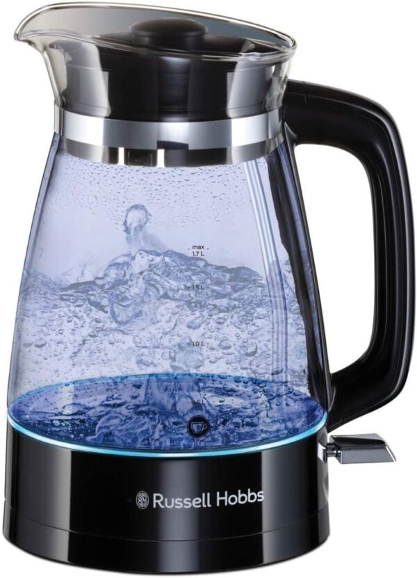 Russell Hobbs Carafe Style 1.7L Cordless Electric Glass Kettle with black handle, lid & base and blue internal illumination (Fast boil, 3KW, Anti-scale filter, Pull off lid,...