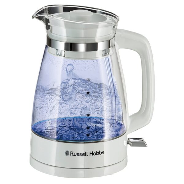 Russell Hobbs Carafe Style 1.7L Cordless Electric Glass Kettle with white handle, lid & base and blue internal illumination (Fast boil, 3KW, Anti-scale filter, Pull off lid,...