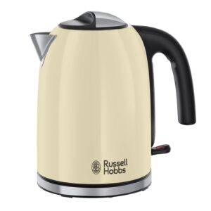 Russell Hobbs Cream Stainless Steel 1.7L Cordless Electric Kettle with black handle (Fast Boil 3KW, Removable washable anti-scale filter, Pull to open hinged lid, Perfect pour...