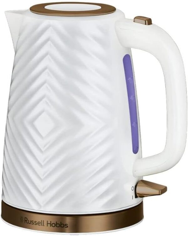 Russell Hobbs Groove Electric 1.7L Cordless Kettle (Fast Boil 3KW, White textured plastic with brushed gold accents, Removable washable anti-scale filter, Push to open lid,...