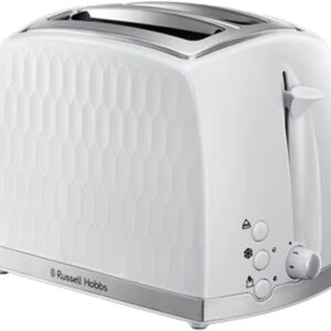 Russell Hobbs Honeycomb 2 Slice Toaster (Extra wide slots, High lift feature, 6 Browning levels, Frozen/Cancel/Reheat function, Removable crumb tray, 850W, White textured high...