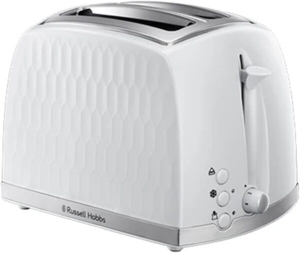 Russell Hobbs Honeycomb 2 Slice Toaster (Extra wide slots, High lift feature, 6 Browning levels, Frozen/Cancel/Reheat function, Removable crumb tray, 850W, White textured high...