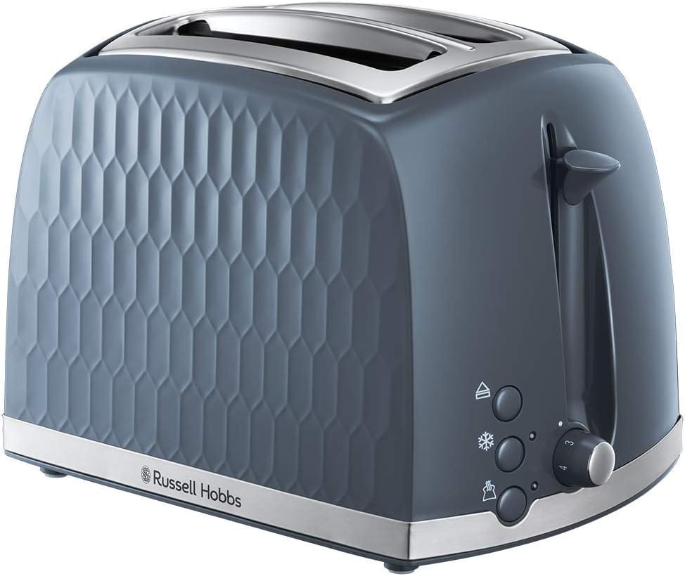 Russell Hobbs Honeycomb 2 Slice Toaster (Extra wide slots, High lift feature, 6 Browning levels, Frozen/Cancel/Reheat function, Removable crumb tray, 850W, Grey textured high...