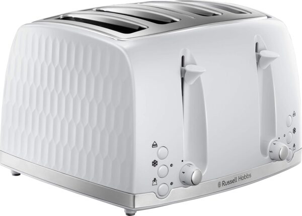 Russell Hobbs Honeycomb 4 Slice Toaster (Independent & Extra wide slots with high lift, 6 Browning levels, Frozen/Cancel/Reheat function, Removable crumb tray, 1500W, White...