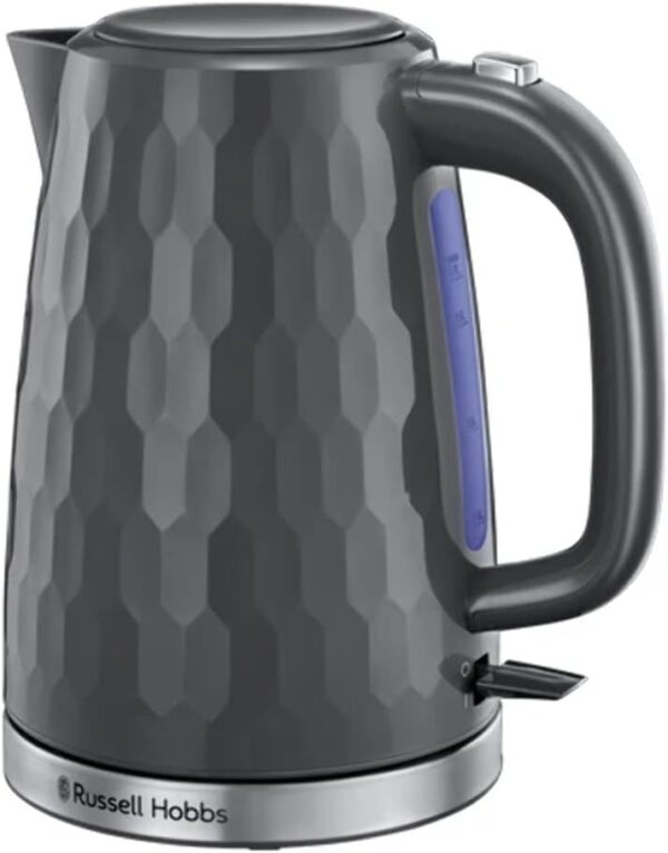Russell Hobbs Honeycomb Electric 1.7L Cordless Kettle (Fast Boil 3KW, Grey premium plastic, matt & high gloss finish, Removable washable anti-scale filter, Push button lid,...