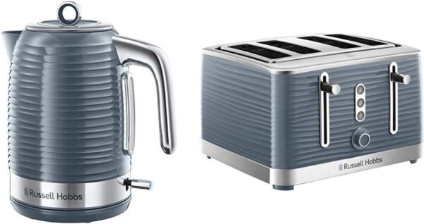 Russell Hobbs Inspire Electric Kettle Cordless Hot Water Dispenser with 4 Slice Toaster Wide Slot with Lift and Look Feature, Grey