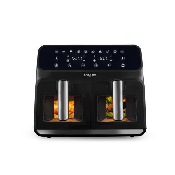 Salter EK5196GW Dual Air Fryer - Clear Viewing Windows, Dual-View Pro, Healthy Fried Foods, Large 2 Drawer Easy Clean Baskets, 10 Cooking Functions, Family Size, Touch Display,...