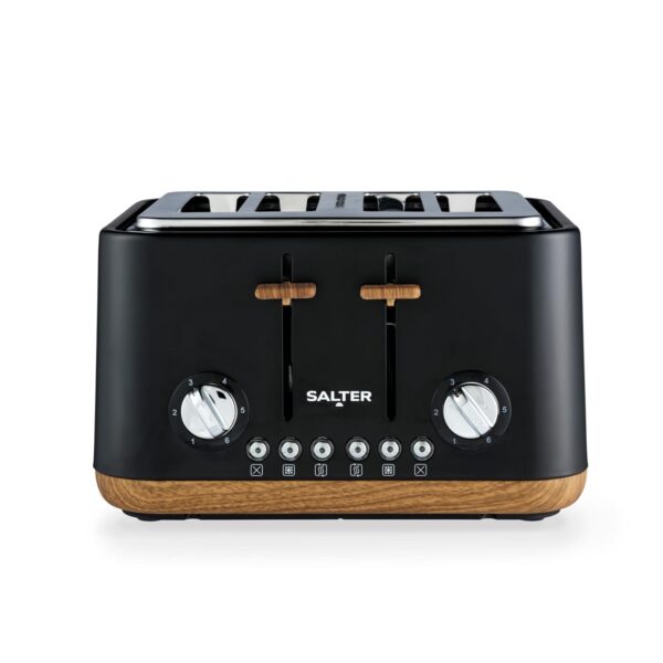 Salter EK5823BLK Toronto 4-Slice Toaster – Wide Slots, 6 Browning Levels, Removable Crumb Tray, Defrost, Reheat, Cancel, Self-Centring Function, High-Lift Eject, 1630 W, Wood...