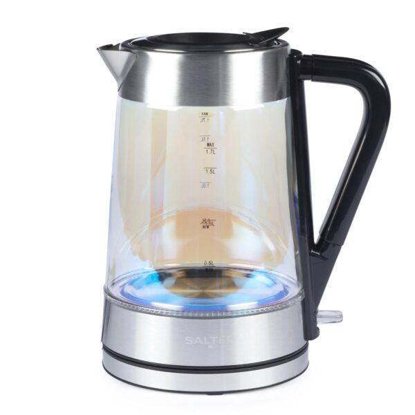 Salter Illuminating Iridescent Glass Kettle - 1.7L, Blue LED Illumination, Easy Fill Water Pressure Lid, Anti-Limescale Filter, Boil Dry Sensor & Auto Shut Off, BPA-Free, 360°...