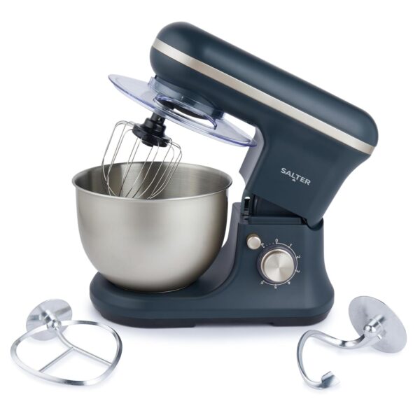 Salter Marino Baking Stand Mixer - 6 Speed Kitchen Mixer With Pulse, 5L Stainless Steel Mixing Bowl, Removable Splash Guard, Whisk, Dough and Beater Attachment, 1200W, Blue/Grey