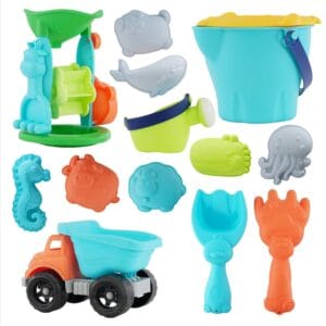 Sand Truck & Water Mill Sandpit Set, Accessories Fork Spade Beach Garden Toy Kids Play Set, 16 Piece, Summer Fun Time, Sand Play Beach Toys for Toddlers
