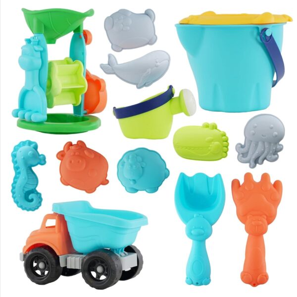 Sand Truck & Water Mill Sandpit Set, Accessories Fork Spade Beach Garden Toy Kids Play Set, 16 Piece, Summer Fun Time, Sand Play Beach Toys for Toddlers