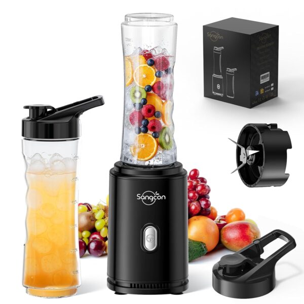 Sangcon Mixer Smoothie Maker,Electric Portable Sports Blender for Shakes and Smoothies, with 2 BPA-Free 600ML Tritan To Go Bottles + 2 Drinking Caps, 4-Blade Knife, Pulse...