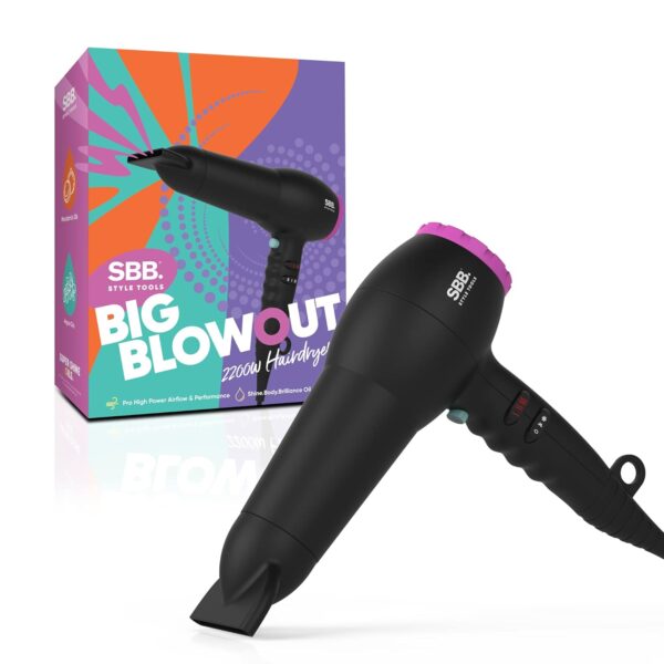 SBB Big Blowout Hair Dryer, Powerful 2200W - Lightweight Hairdryer, Fast Drying, 4 Heat, 2 Speed Settings and Cool Shot for Frizz Free Styling, Infused with Super Shine Oils for...