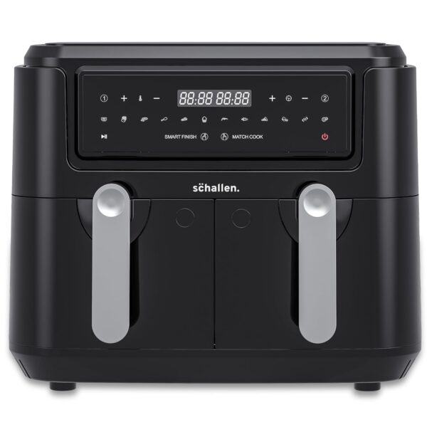 Schallen Black Dual Air Fryer with Twin Double Drawer Frying Trays, Digital, 10 Preset Functions, Low Running Cost and 60 Min Timer | Healthy Oil Free & Low Fat Cooking Machine