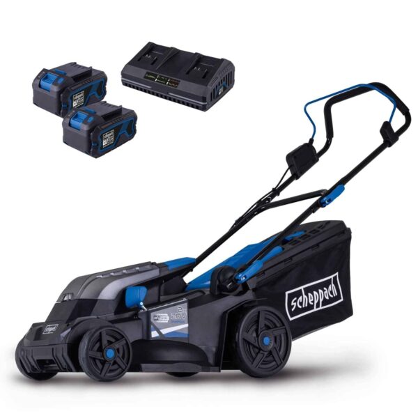 Scheppach BC-MP380-X 40V Cordless Lawn Mower | 38 cm Cutting Width | Inc. 2 x 4Ah Battery + 2.4Ah Charger | Foldable & Compact | 45L Grass Collection Bag