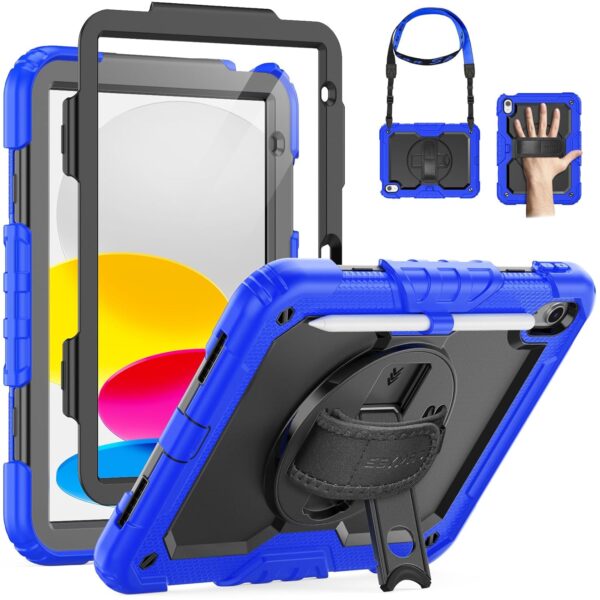 SEYMAC Case for iPad 11th/10th Generation 2025/2022 A16 11inch/10.9inch, Heavy Duty Shockproof with Screen Protector, 360° Rotating Stand/Hand Strap/Pencil Holder for iPad 11...