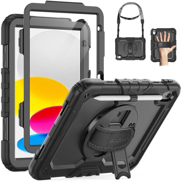 SEYMAC Case for iPad 11th/10th Generation 2025/2022 A16 11inch/10.9inch, Heavy Duty Shockproof with Screen Protector, 360° Rotating Stand/Hand Strap/Pencil Holder for iPad 11...