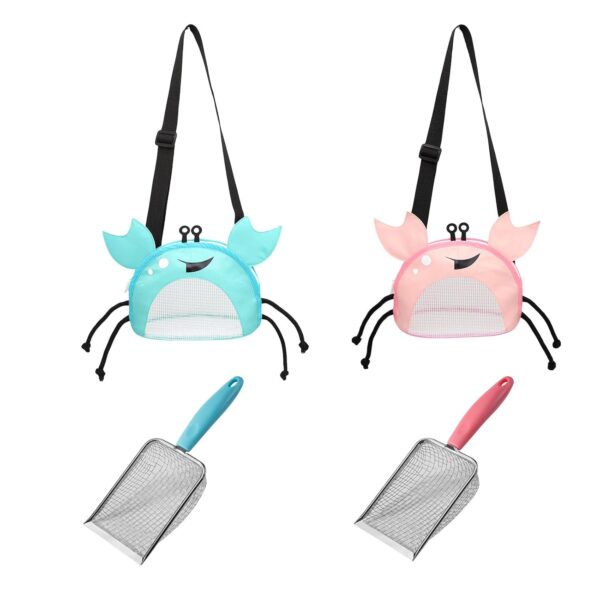 Shimmerz 4PCS Beach Toy Set, Cute Beach Bag in the Shape of a Crab with Adjustable Strap Beach Bag and Sand Filter Scoop（Blue-Pink Crab）