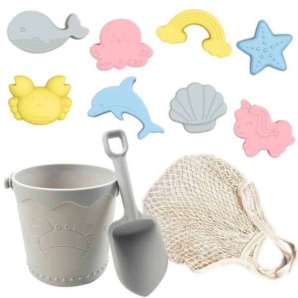 Silicone Beach Toys, 11Pcs Baby Beach Toys, Travel Friendly Beach Set, Silicone Bucket, Shovel, 8 Sand Molds, Beach Bag, Silicone Sand Toys for Toddlers, Kids