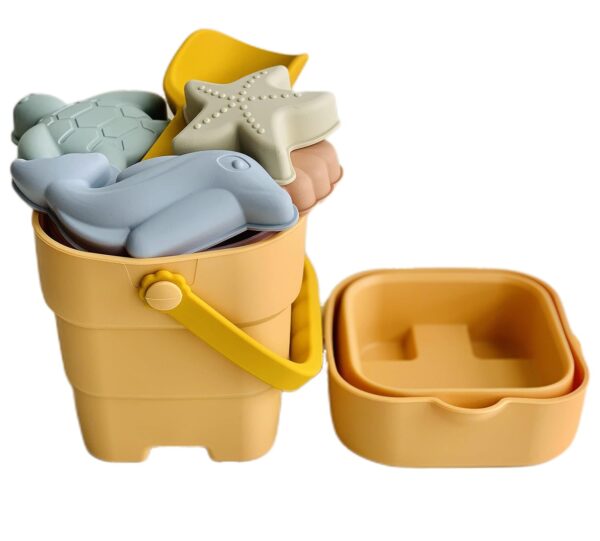 Silicone Foldable Beach Bucket Set (6 pieces) - Collapsible Sand Toys for Kids, Castle, Sea Animals Molds, Toddler Travel Sandbox Set (Yellow)