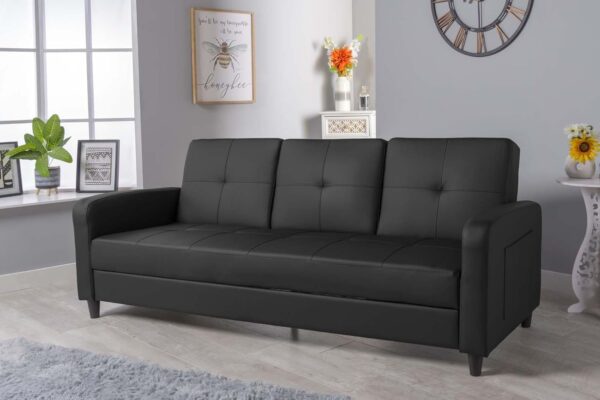 Sleep Factory - Eden ClicClac 3 Seater Sofa Bed, with Storage - W203cm D79cm H82cm - Faux Leather Recliner Fold Out Couch with Folding Table - Removable Arms, Side Storage...