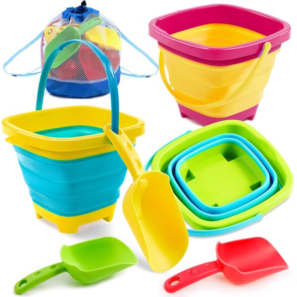 Sloosh 3 Kids Beach Toys Collapsible Bucket and Spade Sets for Toddlers with 3 Shovels, Sand Bucket Party in Summer Foldable Bucket Silicone for Toddles Age 3 4 5...