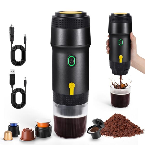 SOPPY 20-Bar Portable Electric Espresso Machine, 3-in-1 Travel Coffee Maker with Self-Heating, Compatible with Big/Small Capsules & Ground Coffee, Fast Heating for Camping, RV,...