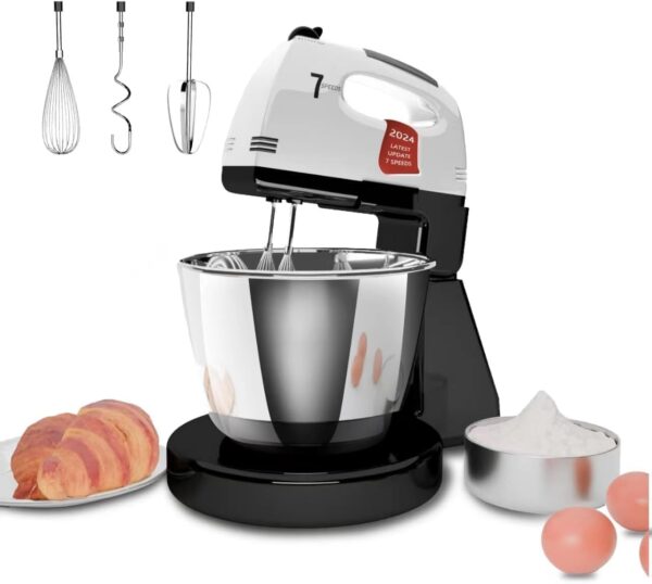 Stand Mixers, 7 Speeds With 3QT Stainless Steel Bowl, Stand and Hand Mixer with Dough Hook, Whisk, Mixing Beater for Baking, Cake, Cookie, Kneading (CD2)