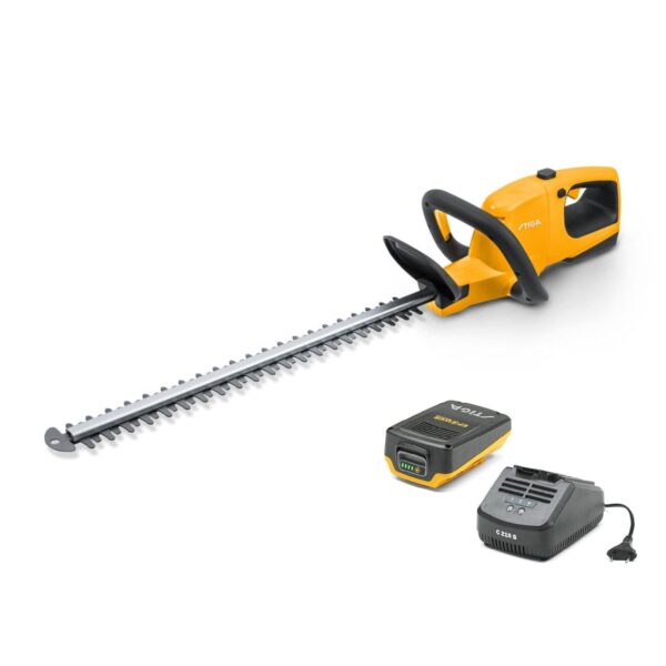 Stiga Battery-Powered Hedge Trimmer HT 100e Kit, Double-action blade of 55 cm, Teeth-spacing 18 mm, ePower battery, 20 V (2 Ah), 150 W, and charger included, Yellow/Grey/Black