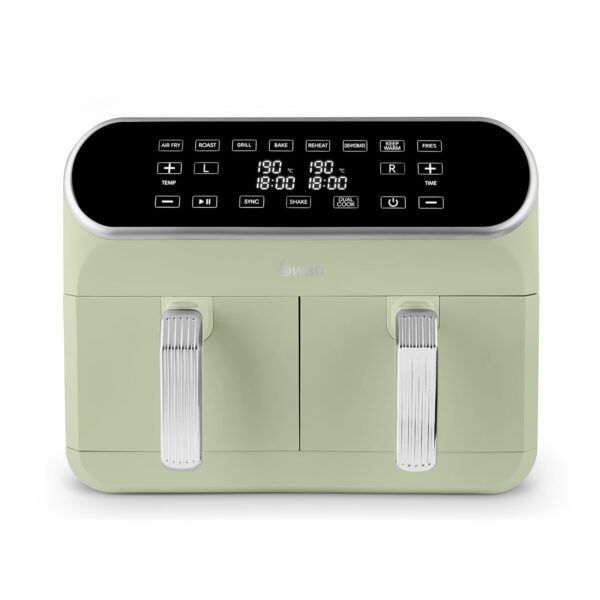 Swan SD10519G Retro Dual Basket Air Fryer with Swan Cyclone Technology, LED Display, 8 Pre-Set Cooking Options, 8L, 1700W, Green