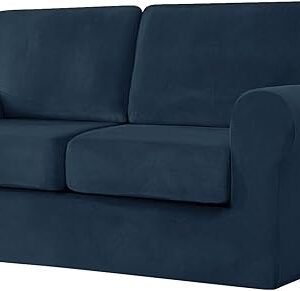 SYLC Sofa Cover with Separate Seat Cushions and Backrests Stretch Velvet Sofa Slipcover Couch Covers Furniture Protector Split Combined (Navy blue,2 Seat Set 5 PCS)