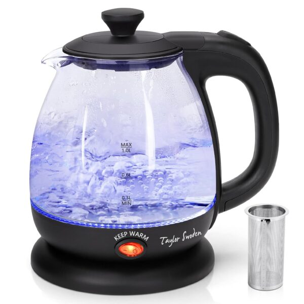 Taylor Swoden Small Electric Kettle， Keep Warm Glass Kettle with Filter Tea Infuser， 2200W 1L Black Cordless Water Tea Kettle for Home and Office - Abel 30A59