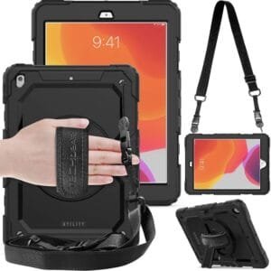 TECHGEAR Utility Case for iPad 10.2 2021/2020/2019 [9th, 8th and 7th Generation] Hard Shockproof Protective Cover with 360 Degree Swivel Stand, Shoulder Strap and Hand Grip [Black]