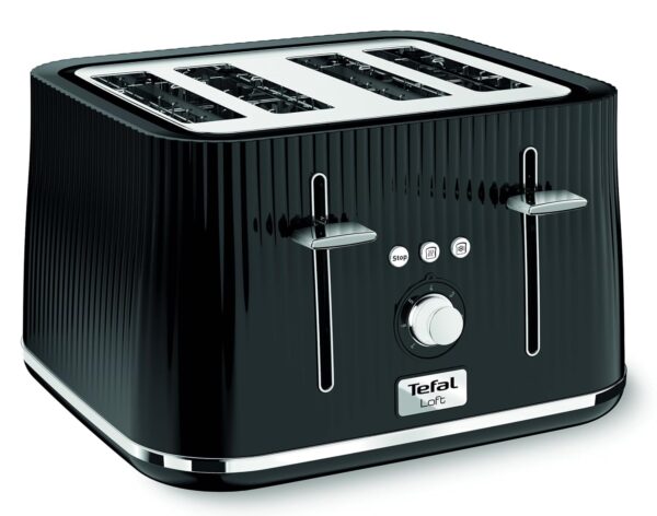 Tefal Loft 4-Slot Toaster with Extra-Wide Slots, Adjustable Browning, Defrost & Reheat Functions, Removable Crumb Tray, High Lift Lever, Classic Grooved Design in Black