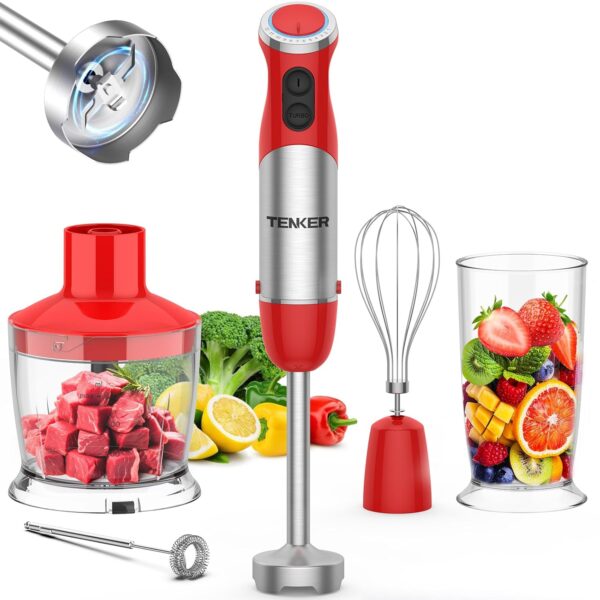 Tenker 5-in-1 Immersion Hand Blender, 1000W 12 Speed Handheld Blender, Copper Motor Stainless Steel Stick Blender for Kitchen, 600ml Mixing Beaker, 500ml Food Processor, Whisk,...