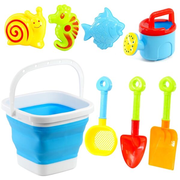 The Magic Toy Shop Portable Beach Playset Including Foldable Bucket Rake and Shovel Perfect for Sandcastle Building and Beach Fun