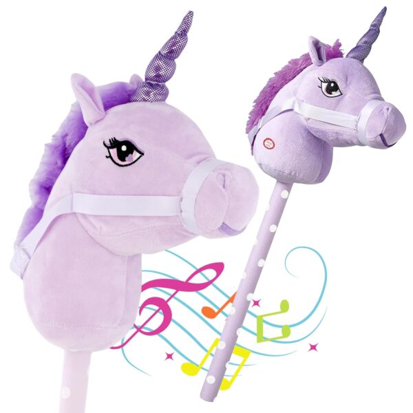 The Magic Toy Shop Purple Unicorn Hobby Horse on a Stick with Galloping and Neighing Sounds for Kids - Soft Handle, Holding Strap, Ride on Unicorn Plush Soft Toy for Girls and Boys